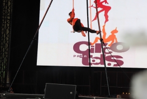 Artista de circo realiza acto en trapecio