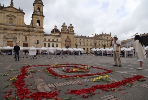Adorno floral en el piso de Plaza de Bolívar, al fondo catedral