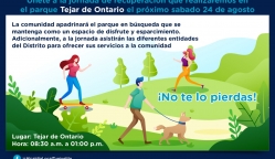 Personas trotando paseando con perro y patinando en zona verde con información arriba